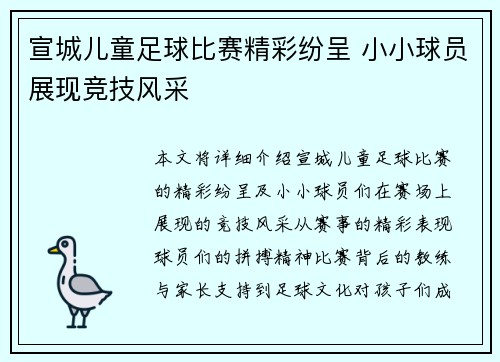 宣城儿童足球比赛精彩纷呈 小小球员展现竞技风采