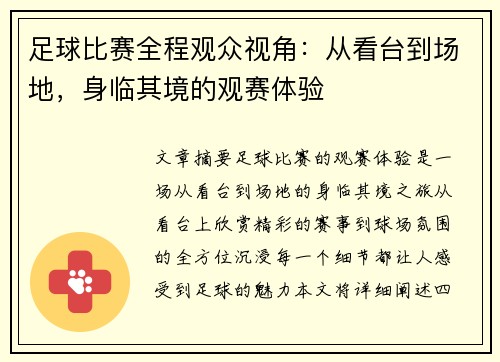 足球比赛全程观众视角：从看台到场地，身临其境的观赛体验