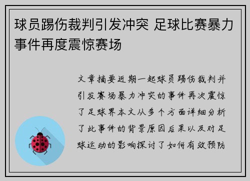 球员踢伤裁判引发冲突 足球比赛暴力事件再度震惊赛场