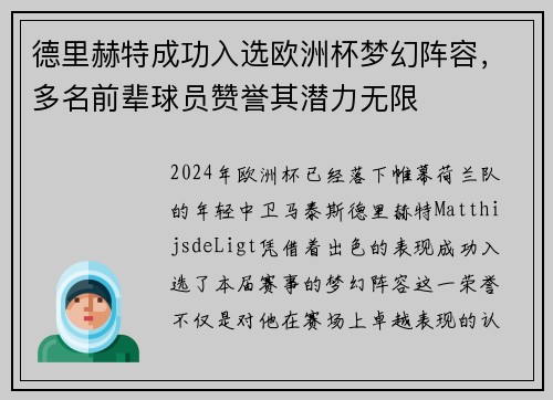德里赫特成功入选欧洲杯梦幻阵容，多名前辈球员赞誉其潜力无限