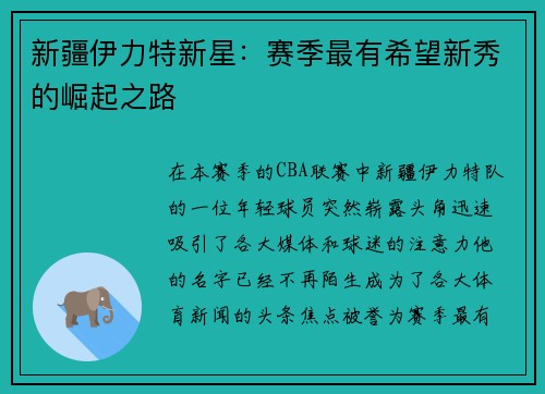 新疆伊力特新星：赛季最有希望新秀的崛起之路