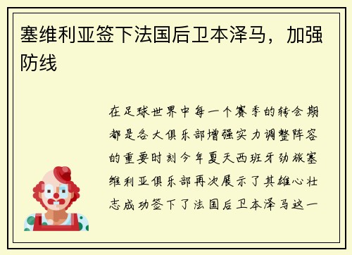 塞维利亚签下法国后卫本泽马，加强防线