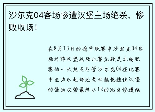 沙尔克04客场惨遭汉堡主场绝杀，惨败收场！