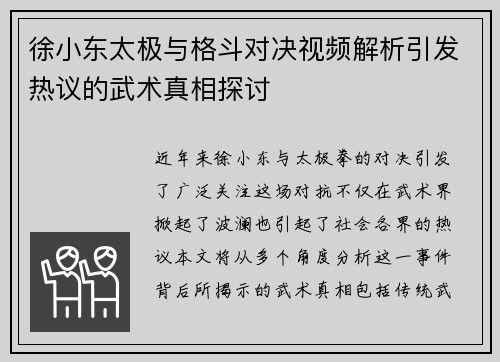 徐小东太极与格斗对决视频解析引发热议的武术真相探讨