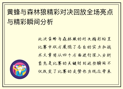 黄蜂与森林狼精彩对决回放全场亮点与精彩瞬间分析