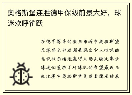 奥格斯堡连胜德甲保级前景大好，球迷欢呼雀跃