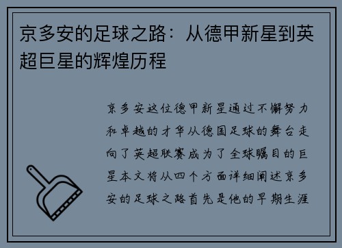 京多安的足球之路：从德甲新星到英超巨星的辉煌历程