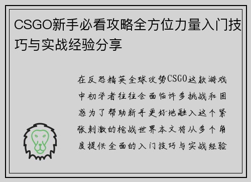 CSGO新手必看攻略全方位力量入门技巧与实战经验分享