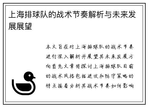 上海排球队的战术节奏解析与未来发展展望